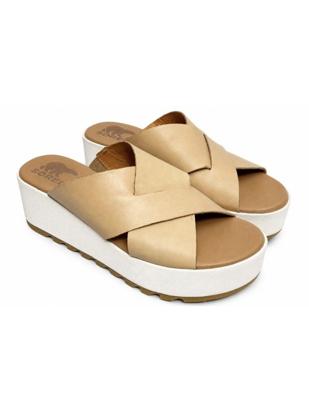 Sorel Cameron Flatform Slide Sandal Women 8.5 Beige Leather Criss Cross Platform